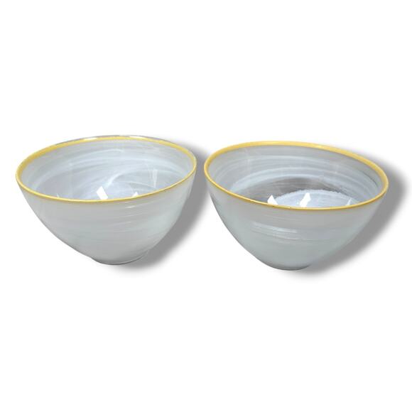 ArdaCam Art of Tabletop Turkish Glass Bowls 6" White Swirl Yellow Rim Lot of 2 - Picture 1 of 9